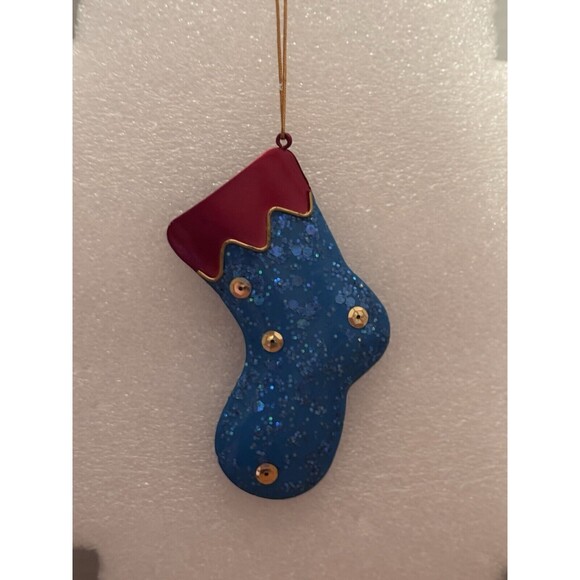 Christmas Tree Ornament Blue Metal Stocking Holiday Decor - Picture 1 of 4
